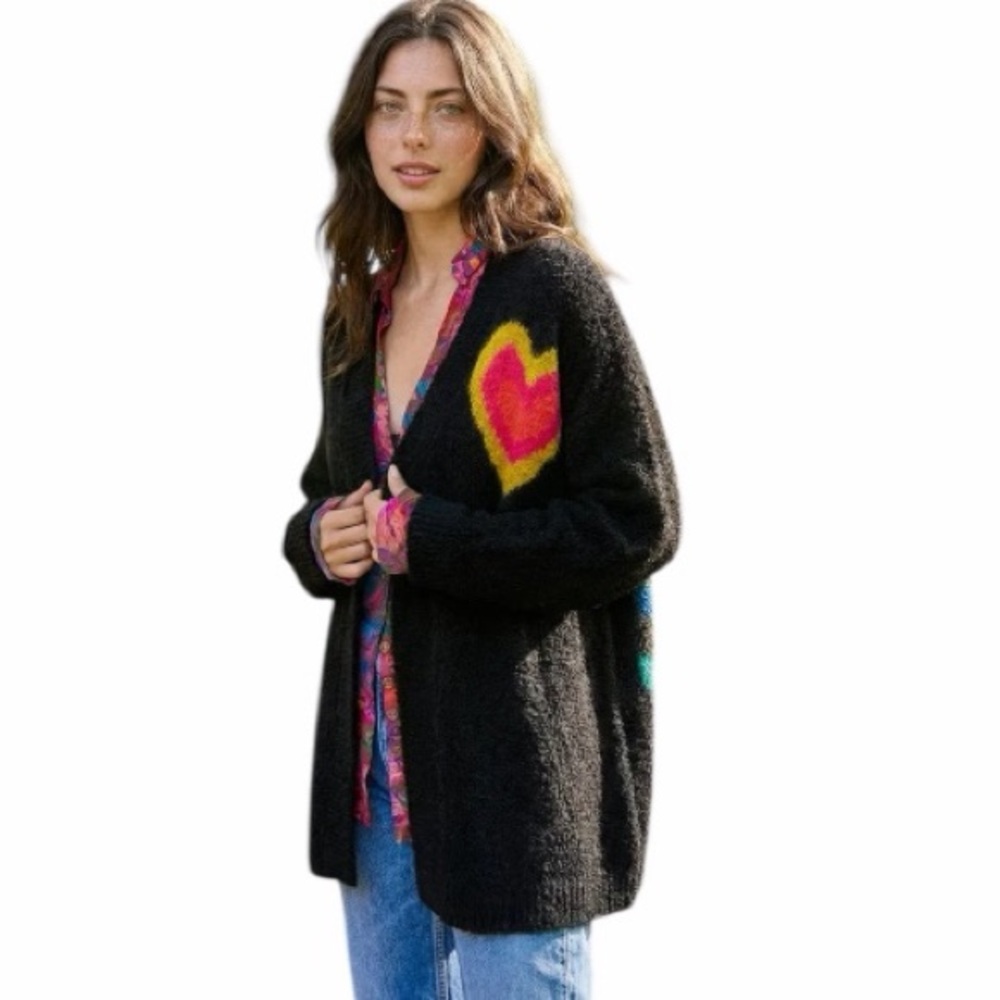 Black Open-Front Cardigan with Pink & Yellow Heart Accent